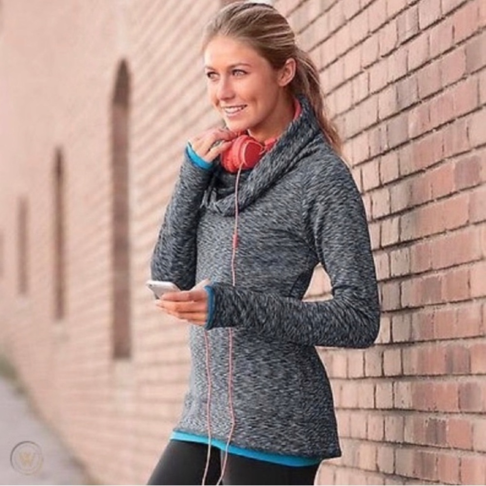 Athleta Heathered Gray Cowl Neck Pullover Hoodie with Teal Trim